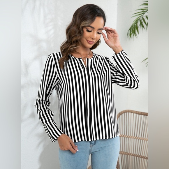 Striped Long Sleeve Notched Blouse - Picture 1 of 6